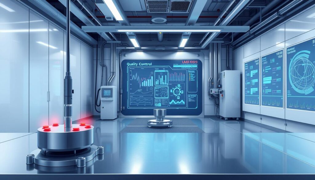 A cutting-edge laboratory setting, with an array of sleek, modern sensors positioned strategically across the workspace. Gleaming metal and glass surfaces catch the soft, diffused lighting, creating a clean, scientific atmosphere. In the foreground, a sensor array captures real-time data, its indicator lights pulsing with information. The middle ground showcases a complex network of cables and wiring, neatly organized to facilitate seamless integration. In the background, a large display panel visualizes the collected data, providing insights and analytics to support quality control decisions. The scene conveys a sense of precision, efficiency, and the fusion of technology and scientific investigation.