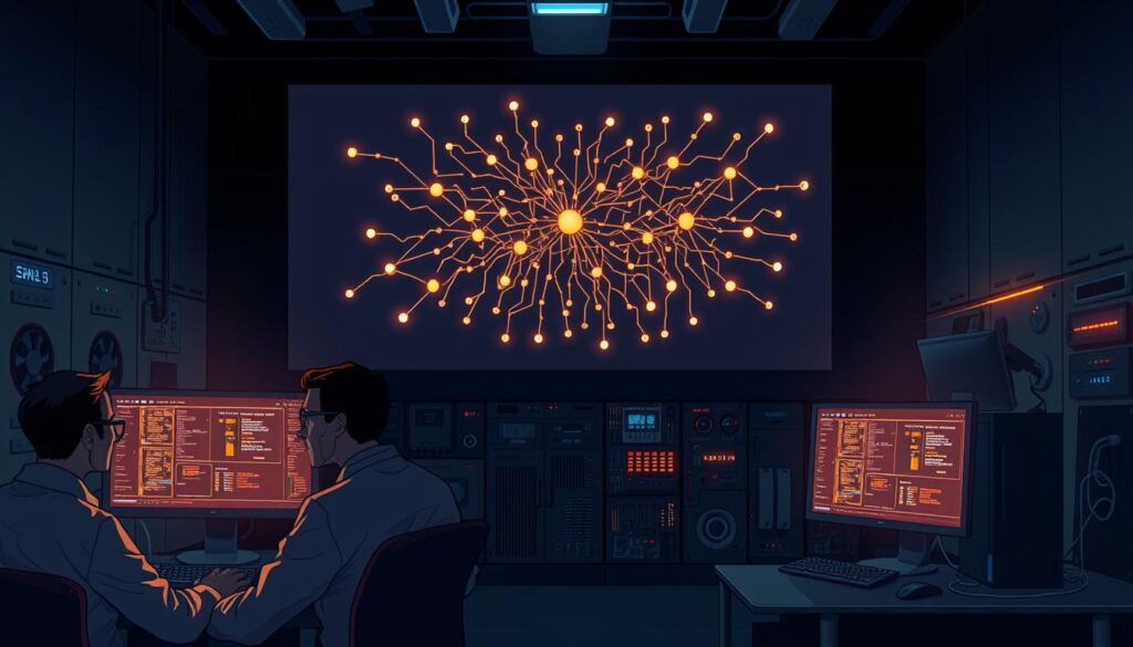 A dark, futuristic laboratory setting with a large, illuminated neural network diagram projected onto a wall. In the foreground, several data scientists intently monitor a complex machine learning model on their computer screens, their faces bathed in the glow of the display. The middle ground features intricate circuit boards, blinking lights, and sleek, cutting-edge hardware components. The background is shrouded in shadow, evoking a sense of mystery and the cutting edge of technological innovation. Dramatic lighting, moody atmosphere, and a focus on the technical details of churn prediction modeling. A dark, futuristic laboratory setting with a large, illuminated neural network diagram projected onto a wall. In the foreground, several data scientists intently monitor a complex machine learning model on their computer screens, their faces bathed in the glow of the display. The middle ground features intricate circuit boards, blinking lights, and sleek, cutting-edge hardware components. The background is shrouded in shadow, evoking a sense of mystery and the cutting edge of technological innovation. Dramatic lighting, moody atmosphere, and a focus on the technical details of churn prediction modeling.