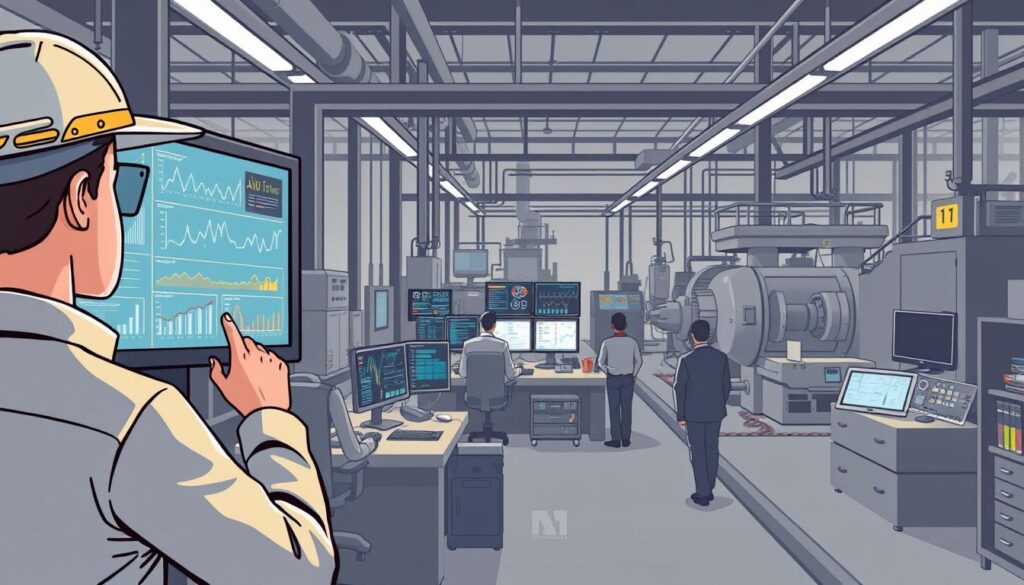 A data-driven industrial facility in muted tones, with a focus on predictive maintenance. In the foreground, a technician examines a digital display showcasing graphs and charts, analyzing equipment performance metrics. The middle ground features a well-organized control room, with various monitoring screens and a team of analysts closely observing the data. In the background, the facility's machinery operates smoothly, with a sense of precision and efficiency. The overall atmosphere conveys a balance of technological sophistication and human expertise, capturing the challenges of implementing AI-driven predictive maintenance in an industrial setting.