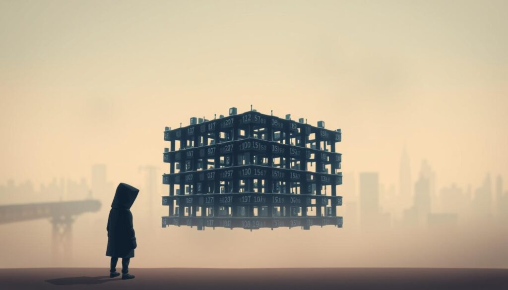 A data privacy-themed image with a thoughtful, introspective atmosphere. In the foreground, a lone hooded figure stands, their face obscured in shadow, symbolizing the anonymity and mystery of data privacy. In the middle ground, a 3D grid of interlocking data cubes, representing the complex, interconnected nature of digital information. In the background, a hazy, pastel-colored cityscape, subtly blurred to evoke a sense of isolation and disconnection. Soft, muted lighting casts a pensive glow, and the camera angle is slightly low, imbuing the scene with a sense of weight and gravitas. The overall mood is one of contemplation, as the viewer is invited to consider the challenges of preserving privacy in an increasingly digitized world.