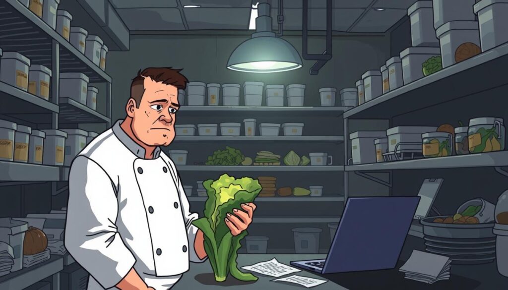 A dim industrial kitchen, shelves stacked with half-empty containers and spoiled produce. In the foreground, a frustrated chef examines a wilted head of lettuce, brow furrowed. Scattered papers and laptop suggest an ongoing analysis of data and algorithms. Overhead, a single harsh light casts long shadows, highlighting the challenges of integrating AI technology into this chaotic environment. The mood is one of determination tinged with uncertainty, as the team wrestles with the complexities of reducing food waste through predictive modeling. A sense of the obstacles they face, from unpredictable supply chains to human behavior, permeates the scene.