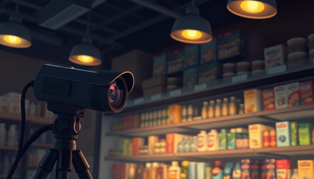 A dimly lit, cluttered retail shelf stocked with various products. In the foreground, a high-resolution camera mounted on a discreet tripod captures detailed footage of the shelf. The camera's lens has a narrow depth of field, keeping the shelf contents in sharp focus while blurring the background. Diffused, warm lighting from overhead fixtures creates an atmospheric, moody ambiance, casting subtle shadows that accentuate the textures and shapes of the products. The scene conveys a sense of careful monitoring and analysis, hinting at the use of computer vision algorithms to track inventory levels, product placement, and consumer behavior.