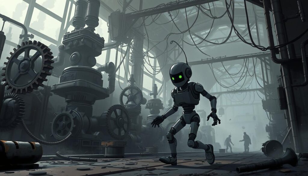 A dimly lit, gritty industrial setting with towering gears, pistons, and a web of complex machinery. In the foreground, a humanoid AI figure is struggling to navigate the challenging environment, its movements hindered by glitches and malfunctions. The background is shrouded in a hazy, ominous atmosphere, conveying the sense of the limitations and unpredictability of AI technology. The lighting is harsh, creating stark contrasts and deep shadows, emphasizing the daunting nature of the challenges faced. The overall scene reflects the difficulties and uncertainties inherent in the development and deployment of AI systems.