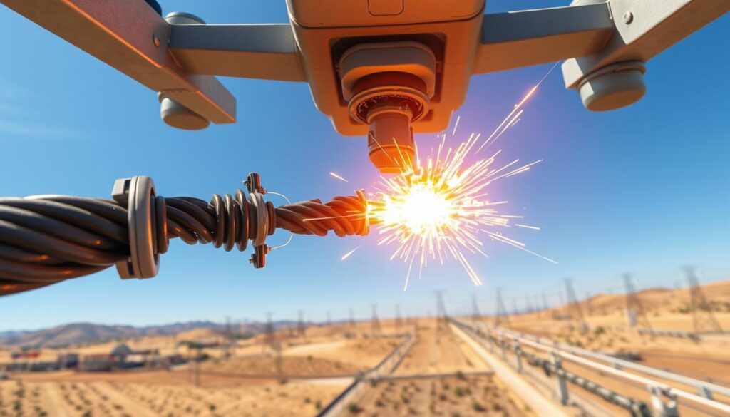 A drone's eye view of a power grid, capturing a close-up of a power line fault in crisp detail. The foreground shows damaged transmission lines, sparks arcing across the conductors, and a small fire flickering at the point of failure. The middle ground reveals the surrounding landscape - rolling hills, sparse vegetation, and a clear blue sky overhead. In the background, rows of pylons march across the horizon, conveying the scale and complexity of the power network. Bright sunlight bathes the scene, highlighting the urgency of the situation and the need for rapid diagnostics and repair. The image exudes a sense of technical precision and the vital importance of reliable electricity infrastructure.