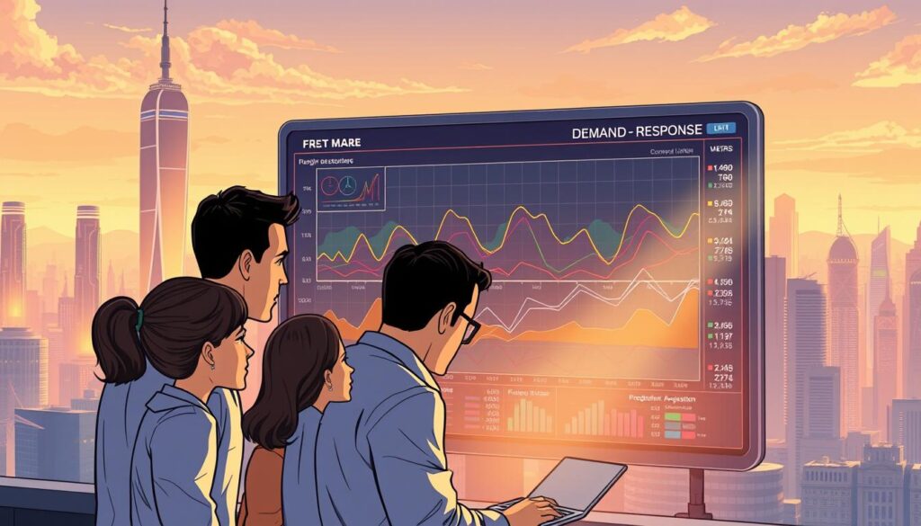 A futuristic city skyline bathed in a warm, golden glow, with a central focus on a large data visualization dashboard. The dashboard displays a dynamic, multi-layered graph depicting energy demand and supply patterns, with color-coded projections and trend lines. In the foreground, a team of analysts intently study the dashboard, their expressions reflecting deep contemplation as they strategize ways to optimize the demand-response system. The scene conveys a sense of innovation, precision, and the transformative power of predictive analytics in revolutionizing energy management.