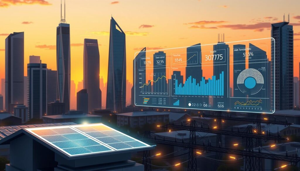 A futuristic cityscape at dusk, with towering skyscrapers and gleaming solar panels covering their roofs. In the foreground, a sleek, holographic interface displays various energy forecasting models, with dynamic graphs and charts reflecting real-time data. In the middle ground, a network of smart grid infrastructure, including transformers and transmission lines, pulses with energy. The background is bathed in a warm, amber glow, creating an atmosphere of technological innovation and sustainable energy solutions.