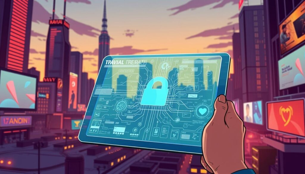 A futuristic cityscape at dusk, with towering skyscrapers and neon-lit billboards. In the foreground, a person's hand holds a transparent digital tablet, displaying a complex visualization of data flows and algorithms. The tablet's screen is partially obscured by a holographic overlay, symbolizing the challenges of maintaining privacy in recommendation systems. The scene is bathed in a warm, saturated color palette, creating a sense of unease and technological complexity. The image conveys the tension between the power of personalized content recommendations and the need to protect individual privacy.
