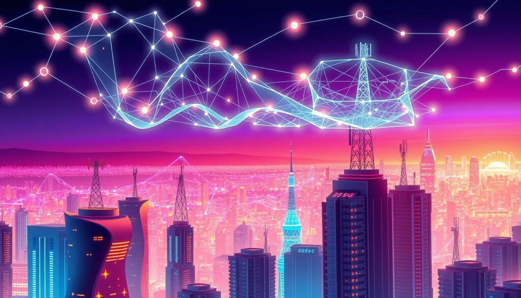 A futuristic cityscape with a glowing, interconnected 5G network infrastructure. In the foreground, a cluster of high-rise buildings with sleek, angular designs bathed in a warm, neon-tinged light. Hovering above, a network of dynamic, undulating data streams, visualized as holographic lines and polygons, pulsing with energy. In the middle ground, a complex web of cellular towers and satellite dishes, their shapes mimicking the organic forms of the data flows. The background showcases a vibrant skyline, the horizon illuminated by the glow of the network, creating an atmosphere of technological advancement and enhanced connectivity. A futuristic cityscape with a glowing, interconnected 5G network infrastructure. In the foreground, a cluster of high-rise buildings with sleek, angular designs bathed in a warm, neon-tinged light. Hovering above, a network of dynamic, undulating data streams, visualized as holographic lines and polygons, pulsing with energy. In the middle ground, a complex web of cellular towers and satellite dishes, their shapes mimicking the organic forms of the data flows. The background showcases a vibrant skyline, the horizon illuminated by the glow of the network, creating an atmosphere of technological advancement and enhanced connectivity.