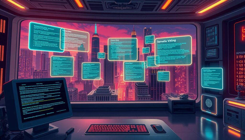 A futuristic, high-tech studio filled with a diverse array of generative AI scripts, each represented by a glowing holographic display. The foreground features a sleek, minimalist workstation with an advanced computational device, its interface pulsing with lines of dynamic code. In the middle ground, floating virtual screens showcase the scripts in action, their algorithms unfolding in mesmerizing patterns. The background is a panoramic view of a cityscape, its towering skyscrapers and neon-lit streets creating a vibrant, cyberpunk-inspired atmosphere. Dramatic lighting casts dramatic shadows, emphasizing the depth and complexity of the generative AI processes at work. An immersive, technology-driven scene that captures the essence of AI-assisted script-writing.