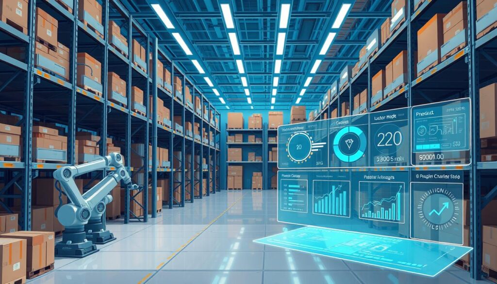 A futuristic, high-tech warehouse interior with rows of automated shelving units, robotic arms swiftly moving inventory, and a centralized control panel displaying real-time analytics and inventory data. The scene is bathed in a cool, bluish lighting, creating a sleek, efficient atmosphere. In the foreground, a holographic display showcases inventory levels, product SKUs, and supply chain insights. Seamless integration of IoT sensors and AI-driven predictive algorithms provide a comprehensive view of the entire supply chain operation.