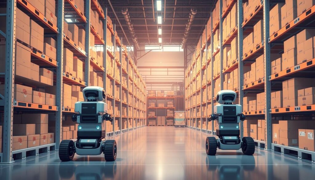 A futuristic warehouse interior with sleek, autonomous mobile robots efficiently navigating the shelves. The robots, equipped with advanced sensors and grippers, seamlessly move inventory, showcasing the power of robotics in modern logistics. Bright, diffused lighting illuminates the scene, casting a warm, almost clinical glow over the meticulously organized storage racks. The robots move with precision, their smooth, streamlined designs complementing the minimalist, high-tech aesthetic of the environment. In the background, a network of conveyor belts and automated sorting systems hint at the complex, interconnected nature of the warehouse's operations. The overall atmosphere conveys a sense of technological sophistication, productivity, and the harmonious integration of human and machine processes. A futuristic warehouse interior with sleek, autonomous mobile robots efficiently navigating the shelves. The robots, equipped with advanced sensors and grippers, seamlessly move inventory, showcasing the power of robotics in modern logistics. Bright, diffused lighting illuminates the scene, casting a warm, almost clinical glow over the meticulously organized storage racks. The robots move with precision, their smooth, streamlined designs complementing the minimalist, high-tech aesthetic of the environment. In the background, a network of conveyor belts and automated sorting systems hint at the complex, interconnected nature of the warehouse's operations. The overall atmosphere conveys a sense of technological sophistication, productivity, and the harmonious integration of human and machine processes.