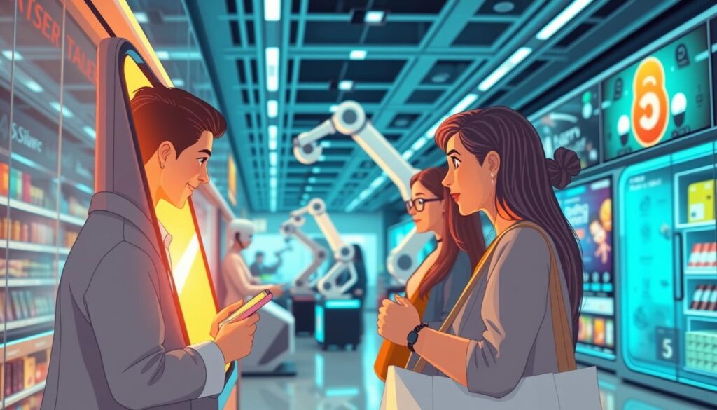 A gleaming retail store facade, with a futuristic automated checkout system prominently displayed. In the foreground, shoppers interact with a sleek, touchscreen interface, their faces illuminated by the warm glow of the display. The middle ground showcases robotic arms efficiently sorting and packing items, while the background features a dynamic digital signage system showcasing the latest product offerings. The scene is bathed in a cool, futuristic lighting, creating a sense of technological sophistication and streamlined efficiency. An atmosphere of innovation and convenience permeates the space, hinting at the powerful integration of AI-driven retail automation.