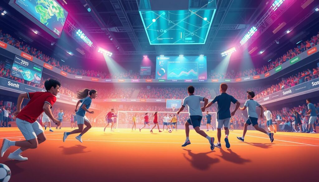 A high-energy sports arena, with athletes engaged in various athletic events. The foreground features a group of players in motion, captured in a dynamic, fast-paced moment of action, showcasing their skills and reflexes. The middle ground includes a range of sports equipment, such as balls, rackets, and training gear, creating a sense of intensity and preparation. The background depicts a futuristic, technology-infused environment, with holographic displays, AI-powered analytics, and a crowd of spectators immersed in the excitement. Bright, colorful lighting illuminates the scene, creating a visually striking and awe-inspiring atmosphere that embodies the power of machine learning in sports. A high-energy sports arena, with athletes engaged in various athletic events. The foreground features a group of players in motion, captured in a dynamic, fast-paced moment of action, showcasing their skills and reflexes. The middle ground includes a range of sports equipment, such as balls, rackets, and training gear, creating a sense of intensity and preparation. The background depicts a futuristic, technology-infused environment, with holographic displays, AI-powered analytics, and a crowd of spectators immersed in the excitement. Bright, colorful lighting illuminates the scene, creating a visually striking and awe-inspiring atmosphere that embodies the power of machine learning in sports.