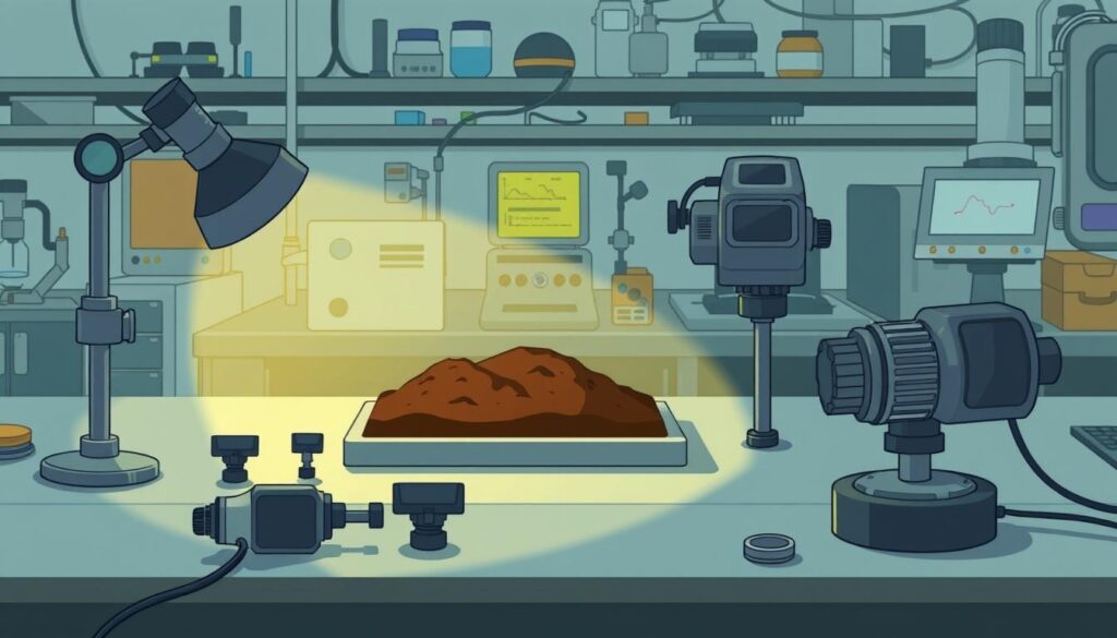 A high-resolution spectral imaging setup for soil analysis, with a soil sample on a laboratory workbench, illuminated by balanced lighting that brings out the subtle color variations in the soil. In the foreground, various sensors and measurement devices are arranged, capturing spectral data from the sample. The background features scientific apparatus and instrumentation, conveying a professional, research-oriented atmosphere. The overall scene has a muted, technical palette, with a sense of precision and scientific inquiry, perfectly suited to illustrate the "How Spectral AI Works in Soil Analysis" section.