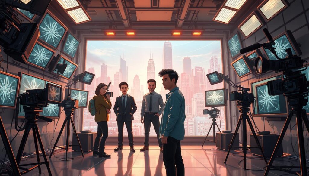 A high-tech film studio, its walls adorned with sleek monitors and cutting-edge cameras. In the center, a director and actors stand amidst a swirling vortex of digital effects, their faces subtly altered by the magic of deepfake technology. Realistic yet uncanny, the scene blends seamlessly with the meticulously crafted background - a futuristic cityscape bathed in warm, cinematic lighting. The air is charged with creativity and the thrill of technological innovation, as the team pushes the boundaries of filmmaking to create a captivating, deeply immersive experience. A high-tech film studio, its walls adorned with sleek monitors and cutting-edge cameras. In the center, a director and actors stand amidst a swirling vortex of digital effects, their faces subtly altered by the magic of deepfake technology. Realistic yet uncanny, the scene blends seamlessly with the meticulously crafted background - a futuristic cityscape bathed in warm, cinematic lighting. The air is charged with creativity and the thrill of technological innovation, as the team pushes the boundaries of filmmaking to create a captivating, deeply immersive experience.