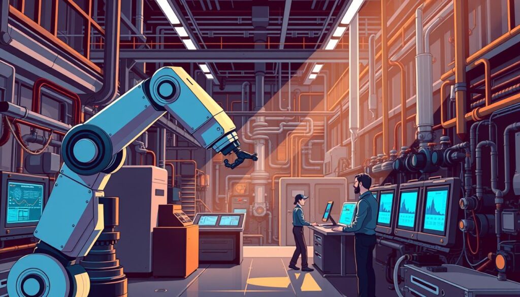 A high-tech industrial facility, with intricate machinery and advanced control panels. In the foreground, a robotic arm gracefully manipulates components, its movements guided by an advanced AI system. The middle ground features engineers monitoring data displays, their faces illuminated by the glow of screens. In the background, the facility's inner workings are visible, a complex web of pipes, valves, and sensors. Dramatic lighting casts long shadows, creating a sense of depth and atmosphere. The overall scene conveys the power and precision of reinforcement learning in optimizing industrial processes, with a sleek, futuristic aesthetic.