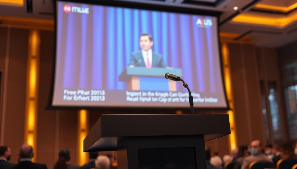 A large projection screen displays a live feed, showcasing a speaker at a conference podium. In the foreground, an elegant lectern stands, its surface adorned with a microphone and a sleek, modern captioning device. The lighting is warm and focused, creating a professional, high-tech atmosphere. The background features a blurred cityscape, hinting at the dynamic urban setting. The camera angle is slightly elevated, giving the viewer a sense of involvement and attention to detail. The overall mood conveys a sense of cutting-edge technology and seamless integration of real-time captioning for the live event.