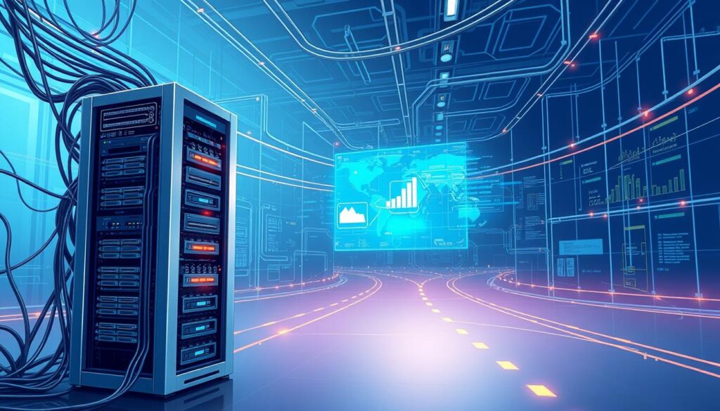 A large server rack stands prominently in the foreground, its sleek metallic chassis housing a complex array of data processing units. Intricate cables and fiber optic lines crisscross the scene, creating a dynamic web of real-time data integration. In the middle ground, a holographic display projects vivid visualizations, revealing the flow of information in real-time. The background is bathed in a soft, blue-tinged lighting, conveying a sense of technological sophistication and precision. The overall atmosphere is one of efficiency, connectivity, and the seamless integration of diverse data sources, reflecting the tools and technologies essential for predictive ETA calculation in the freight industry. A large server rack stands prominently in the foreground, its sleek metallic chassis housing a complex array of data processing units. Intricate cables and fiber optic lines crisscross the scene, creating a dynamic web of real-time data integration. In the middle ground, a holographic display projects vivid visualizations, revealing the flow of information in real-time. The background is bathed in a soft, blue-tinged lighting, conveying a sense of technological sophistication and precision. The overall atmosphere is one of efficiency, connectivity, and the seamless integration of diverse data sources, reflecting the tools and technologies essential for predictive ETA calculation in the freight industry.