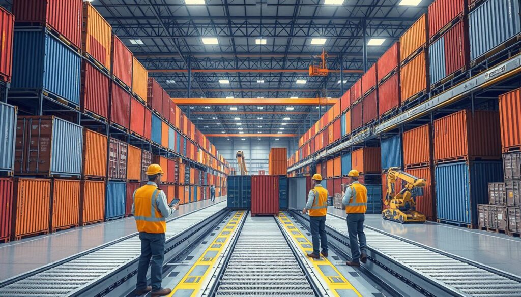 A large warehouse interior with rows of stacked cargo containers and conveyor belts in the foreground. In the middle ground, a team of warehouse workers use handheld devices and interact with an AI-powered computer vision system that analyzes the containers for signs of damage. The background is filled with high-tech logistics equipment, robotics, and a sense of modern, efficient operations. The lighting is bright and even, highlighting the sleek, industrial aesthetic. The overall mood conveys a balance of human-AI collaboration and the challenges of implementing cutting-edge computer vision solutions in a complex logistics environment.