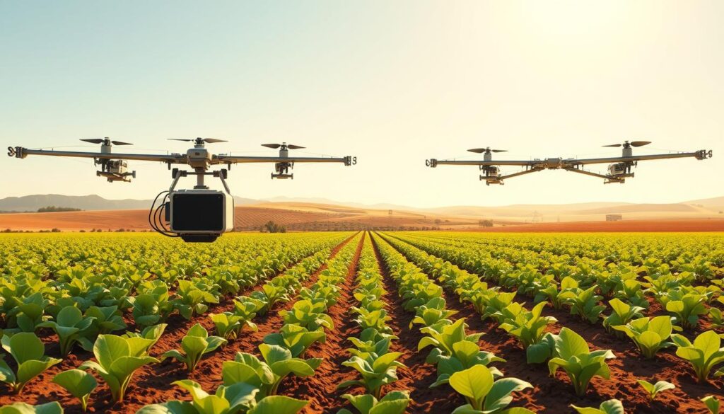 A lush agricultural field bathed in warm, golden sunlight. In the foreground, a state-of-the-art weed detection system scans the soil, its high-resolution cameras and advanced algorithms precisely identifying invasive plants. Robotic sprayers flank the system, ready to target and eliminate the weeds with pinpoint accuracy. The middle ground features rows of thriving crops, their leaves rustling gently in a light breeze. In the distance, rolling hills and a cloudless sky complete the pastoral scene, conveying a sense of technological innovation seamlessly integrated with the natural world. A lush agricultural field bathed in warm, golden sunlight. In the foreground, a state-of-the-art weed detection system scans the soil, its high-resolution cameras and advanced algorithms precisely identifying invasive plants. Robotic sprayers flank the system, ready to target and eliminate the weeds with pinpoint accuracy. The middle ground features rows of thriving crops, their leaves rustling gently in a light breeze. In the distance, rolling hills and a cloudless sky complete the pastoral scene, conveying a sense of technological innovation seamlessly integrated with the natural world.