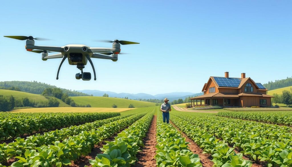 A lush, verdant farm landscape with rolling hills and a clear blue sky. In the foreground, a state-of-the-art agricultural drone hovers over a field, equipped with high-resolution cameras and sensors. The drone's computer vision algorithms analyze soil moisture, plant health, and yield potential, transmitting real-time data to a farmer's tablet nearby. In the middle ground, a farmer walks amongst rows of thriving crops, reviewing the AI-generated insights and making informed decisions to optimize growth and productivity. In the background, a modern farmhouse with solar panels on the roof, symbolic of sustainable, tech-driven farming practices.