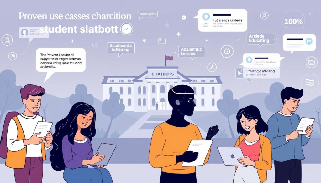 A modern, clean and visually striking illustration depicting several proven use cases for chatbots within the student journey. The foreground showcases various student personas interacting with chatbots - from an international student getting support with enrollment, to a stressed undergrad seeking mental health guidance, to a lifelong learner exploring continuing education options. The middle ground features a stylized campus setting with key touchpoints where chatbots can assist, such as admissions, academic advising, and student services. The background has a subtle, futuristic tech vibe with floating UI elements and data visualizations highlighting the capabilities and benefits of AI-powered student support chatbots. The overall mood is professional, informative and inspirational, reflecting the transformative potential of this technology within higher education. A modern, clean and visually striking illustration depicting several proven use cases for chatbots within the student journey. The foreground showcases various student personas interacting with chatbots - from an international student getting support with enrollment, to a stressed undergrad seeking mental health guidance, to a lifelong learner exploring continuing education options. The middle ground features a stylized campus setting with key touchpoints where chatbots can assist, such as admissions, academic advising, and student services. The background has a subtle, futuristic tech vibe with floating UI elements and data visualizations highlighting the capabilities and benefits of AI-powered student support chatbots. The overall mood is professional, informative and inspirational, reflecting the transformative potential of this technology within higher education.