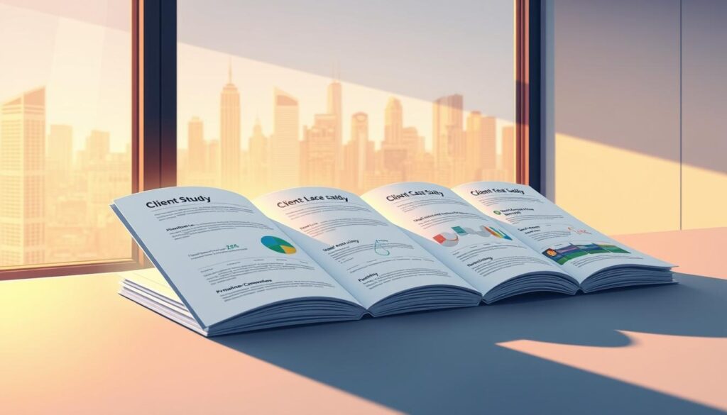 A modern, clean-lined office with large windows overlooking a vibrant city skyline. On a sleek, minimalist desk, a series of crisp, well-designed case study documents are neatly arranged, their pages filled with data visualizations, client testimonials, and project timelines. A warm, focused lighting illuminates the scene, casting subtle shadows and highlighting the tactile quality of the paper. The overall atmosphere is one of professionalism, efficiency, and a sense of impactful work being done. The image conveys a feeling of credibility, evidence, and the ability to quickly demonstrate value to potential clients.