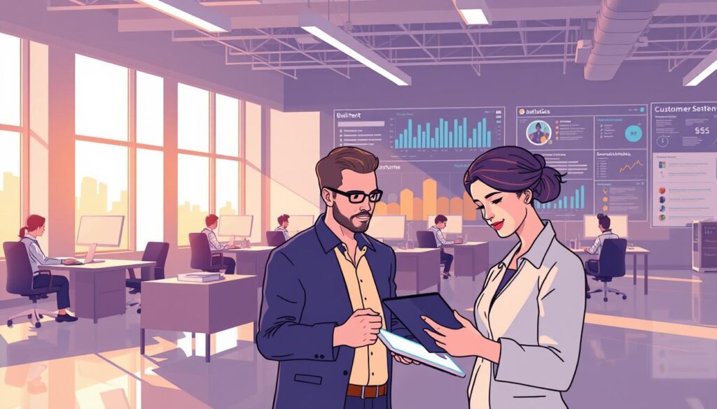 A modern open-office workspace with sleek, minimalist furniture and large windows bathed in warm, natural lighting. In the foreground, a customer service agent engages with a customer on a tablet, their faces illuminated by the glow of the screen. In the middle ground, several other agents work diligently at their desks, utilizing natural language processing (NLP) software to analyze customer queries and formulate personalized responses. The background features a large display showcasing real-time customer sentiment analytics, powered by advanced NLP algorithms. The overall atmosphere conveys a sense of efficiency, innovation, and a customer-centric approach to service delivery.