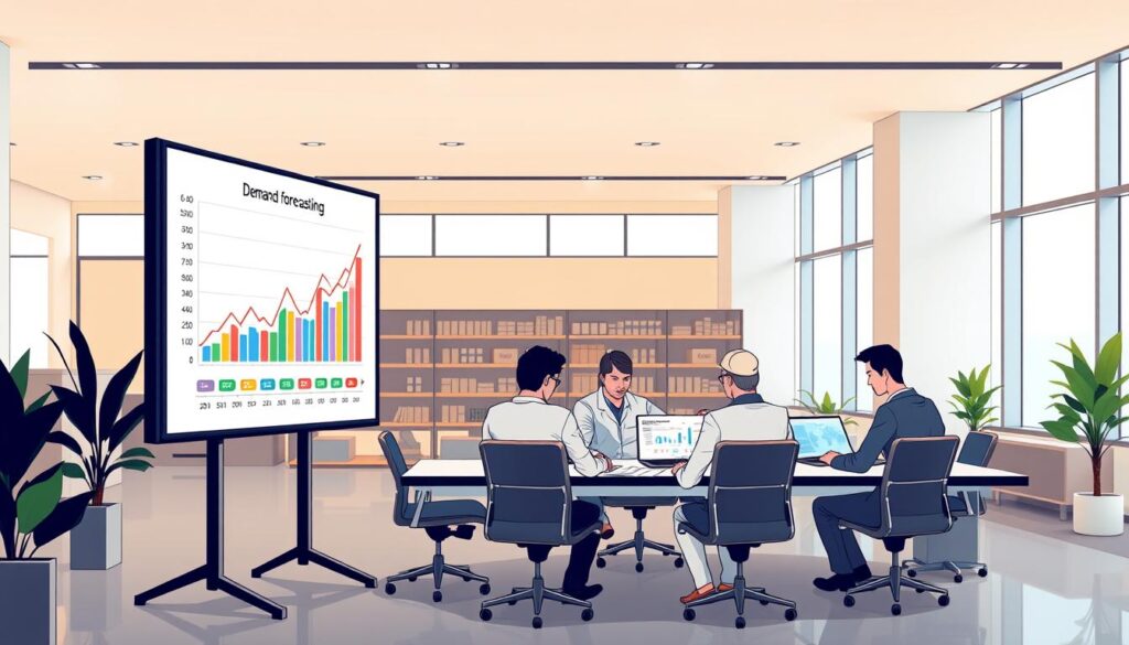 A modern, well-lit office setting with a large display screen in the foreground, showcasing a demand forecasting graph with colorful data visualizations. In the middle ground, a team of data analysts and supply chain experts collaborating around a conference table, analyzing inventory data on their laptops. The background features sleek, minimalist office decor with floor-to-ceiling windows, allowing natural light to fill the space. The overall atmosphere conveys a sense of technological innovation, data-driven decision making, and efficient inventory optimization.