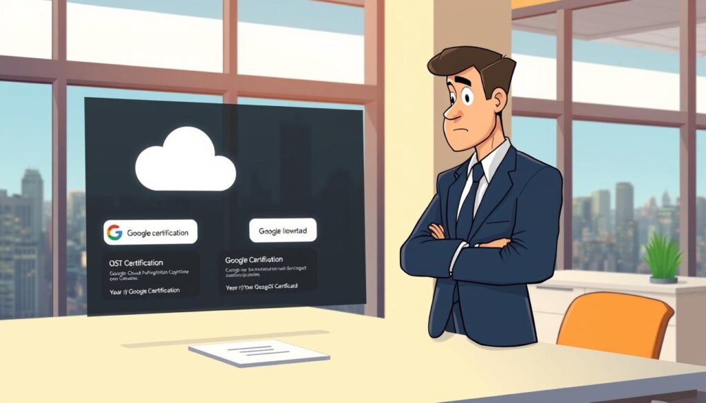 A professional business person standing in a modern office, contemplating the various Google Cloud certification options displayed before them on a sleek, minimalist desk. The scene is bathed in warm, directional lighting, creating a focused, pensive atmosphere. The background features a clean, uncluttered space with large windows overlooking a bustling city skyline. The subject's expression conveys a sense of thoughtful deliberation as they weigh the different certification paths that could advance their career in cloud computing.