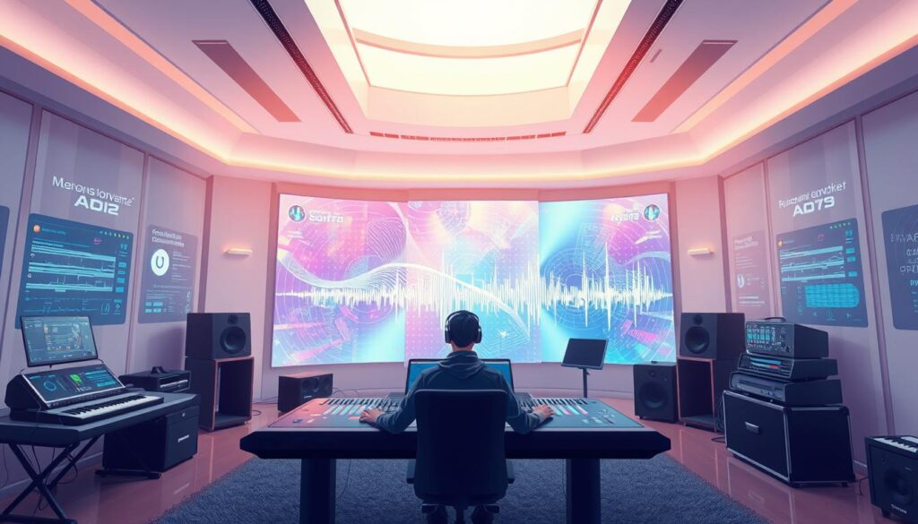 A serene, futuristic recording studio filled with glowing holographic interfaces and sleek, minimalist hardware. In the foreground, a composer sits at a floating control console, fingers gracefully manipulating virtual instruments and soundwaves. Behind them, a massive, iridescent display showcases dynamic, ever-changing musical visualizations, pulsing to the beat of an AI-generated composition. The room is bathed in a soft, ambient glow, creating an atmosphere of creative inspiration and technological wonder. Overhead, the studio is illuminated by a skylight, allowing natural light to filter in and blend seamlessly with the digital elements. This scene encapsulates the seamless integration of human artistry and AI-driven musical innovation.