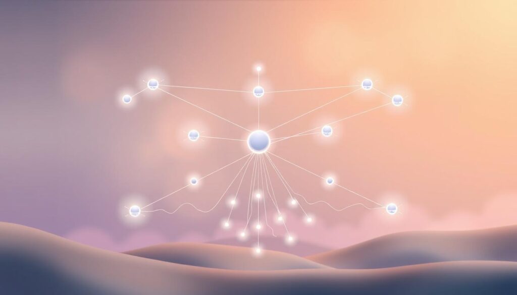 A serene network topology diagram floats against a softly-lit background, showcasing the interconnected nodes and pathways that represent the availability of virtual network functions. The foreground features a central hub surrounded by an array of interconnected devices, each one pulsing with a subtle glow, symbolizing the efficient placement and utilization of resources. The middle ground depicts a cascade of data flows, visualized as ethereal ribbons of light, weaving between the nodes and highlighting the seamless communication within the virtual network. In the background, a hazy, gradient-based landscape sets the stage, conveying a sense of harmony and balance essential for optimal VNF placement.