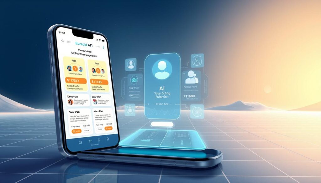 A sleek, futuristic mobile phone display showcases personalized mobile plan suggestions powered by AI. The foreground features a selection of plan options, each with clear visuals and detailed information. The middle ground depicts a holographic interface, with user profile data and recommendation algorithms seamlessly integrated. The background is a minimalist, tech-inspired landscape with subtle grid patterns and soft lighting, creating a sense of innovation and sophistication. The overall atmosphere conveys the efficiency and personalization of AI-driven mobile plan recommendations.