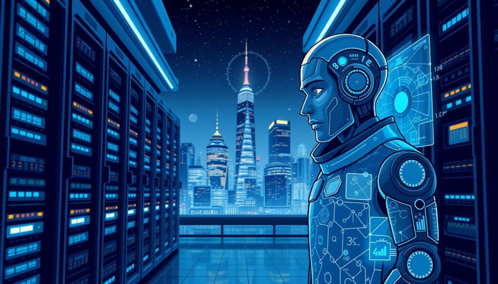 A sleek, modern data center with rows of servers and glowing status panels. In the foreground, an AI agent analyzes real-time energy market data, algorithms flashing across holographic displays. The background shows a cityscape at night, skyscrapers illuminated against a starry sky. Cool, blue-tinted lighting casts an authoritative, technical atmosphere. The scene conveys the power of AI-driven energy trading optimization, seamlessly balancing complex data to deliver sustainable, cost-effective solutions.