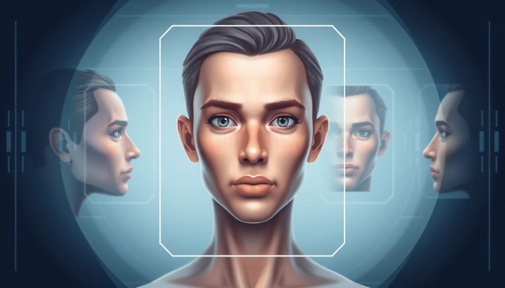 A sleek, modern digital security interface displays a biometric facial recognition scanning process. The foreground shows a hyper-realistic, high-resolution human face being scanned from multiple angles, with intricate skin details and subtle expressions. The background features a minimalist, futuristic design with clean lines, subtle gradients, and a cool, metallic color palette. Soft, directional lighting illuminates the scene, creating depth and highlighting the technological sophistication. The overall tone is one of advanced, trustworthy identity verification, suitable for an online exam proctoring workflow.