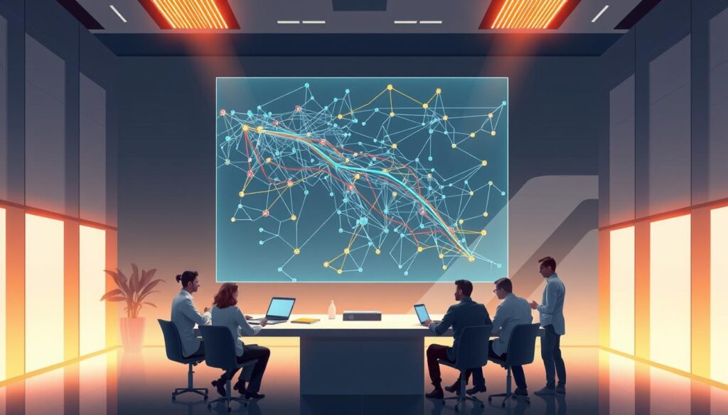 A sleek, modern office interior with a large table at the center. On the table, a holographic projection displays a complex route network, with colorful lines and nodes representing vehicle locations, traffic patterns, and optimization algorithms. In the foreground, a team of data scientists and engineers collaborate, discussing the parameters and metrics of the route planning AI solution. Warm lighting from floor-to-ceiling windows illuminates the scene, creating a sense of focus and professionalism. The background features abstract geometric shapes and minimalist decor, suggesting a high-tech, forward-thinking environment dedicated to transportation optimization.