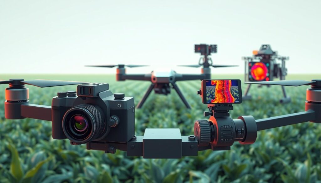 A sophisticated array of imaging sensors and cameras, meticulously capturing precision data for drone-based precision farming. In the foreground, high-resolution digital cameras with interchangeable lenses, mounted on a stabilized gimbal. In the middle ground, multispectral and thermal imaging sensors, precisely calibrated to detect plant health and environmental conditions. In the background, a state-of-the-art LiDAR system, mapping the terrain in detailed 3D. Soft, diffused lighting illuminates the scene, highlighting the advanced optics and intricate engineering. This cutting-edge suite of precision data collection tools, ready to take flight and unlock the power of AI-driven precision farming. A sophisticated array of imaging sensors and cameras, meticulously capturing precision data for drone-based precision farming. In the foreground, high-resolution digital cameras with interchangeable lenses, mounted on a stabilized gimbal. In the middle ground, multispectral and thermal imaging sensors, precisely calibrated to detect plant health and environmental conditions. In the background, a state-of-the-art LiDAR system, mapping the terrain in detailed 3D. Soft, diffused lighting illuminates the scene, highlighting the advanced optics and intricate engineering. This cutting-edge suite of precision data collection tools, ready to take flight and unlock the power of AI-driven precision farming.