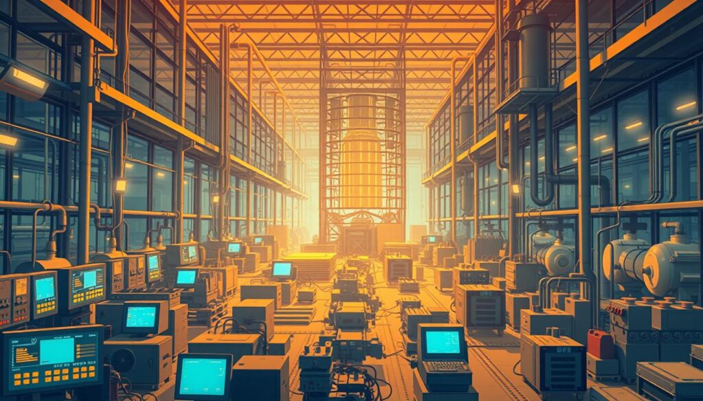 A sprawling factory floor, bustling with activity. In the foreground, a network of sensors and control panels, their displays showing real-time energy consumption data. In the middle ground, automated systems adjust production processes, optimizing energy usage. In the background, a towering AI-powered control center, its algorithms constantly analyzing and refining the factory's energy efficiency. Warm, ambient lighting casts a glow over the scene, conveying a sense of technological progress and environmental consciousness. High-contrast angles and a cinematic depth of field lend a sense of scale and importance to the AI-driven energy optimization happening within this industrial setting.