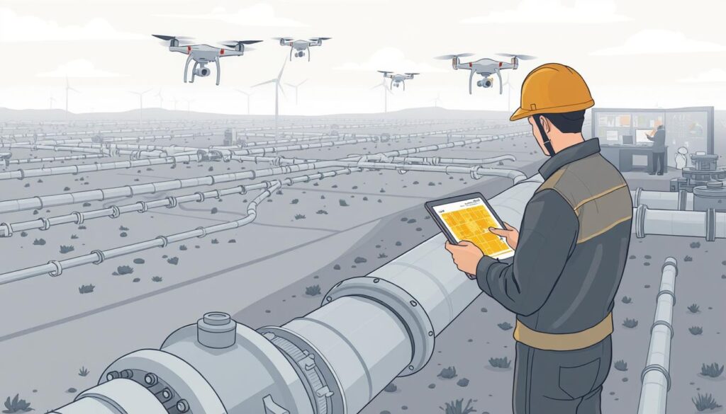 A sprawling gas pipeline network, its digital sensors and AI-powered monitoring systems capturing real-time data on pressure, flow, and leaks. In the foreground, a technician inspects a valve, their tablet displaying an intuitive visualization of pipeline health. In the middle ground, automated drones soar above the landscape, thermal cameras scanning for any signs of escape. The background reveals a control room, analysts poring over dashboards that integrate data from across the network, AI algorithms proactively identifying and mitigating risks. Muted industrial tones, a sense of technological vigilance, ensuring the safe and efficient delivery of this essential resource.