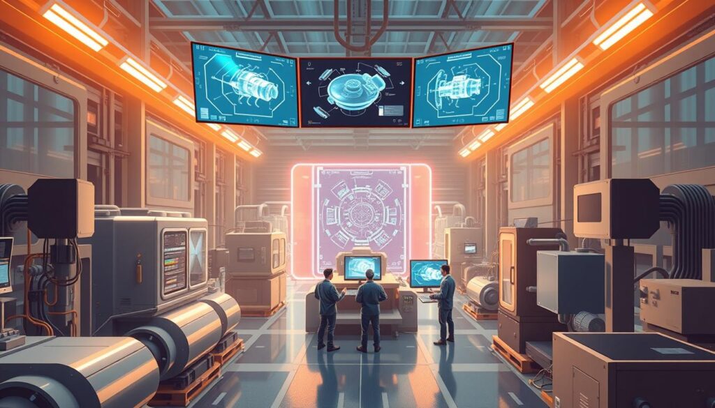 A state-of-the-art manufacturing facility, with a digital twin simulation running on multiple large screens. The scene depicts a futuristic, high-tech production environment, with sleek industrial machinery, holographic displays, and a team of engineers closely monitoring the digital simulation. Warm lighting casts a soft glow, creating a sense of precision and control. The camera angle provides a birds-eye view, allowing the viewer to appreciate the scale and complexity of the digital twin implementation. The overall atmosphere conveys a harmonious integration of advanced technology and human expertise, showcasing the power of digital twin simulation in optimizing industrial processes. A state-of-the-art manufacturing facility, with a digital twin simulation running on multiple large screens. The scene depicts a futuristic, high-tech production environment, with sleek industrial machinery, holographic displays, and a team of engineers closely monitoring the digital simulation. Warm lighting casts a soft glow, creating a sense of precision and control. The camera angle provides a birds-eye view, allowing the viewer to appreciate the scale and complexity of the digital twin implementation. The overall atmosphere conveys a harmonious integration of advanced technology and human expertise, showcasing the power of digital twin simulation in optimizing industrial processes.