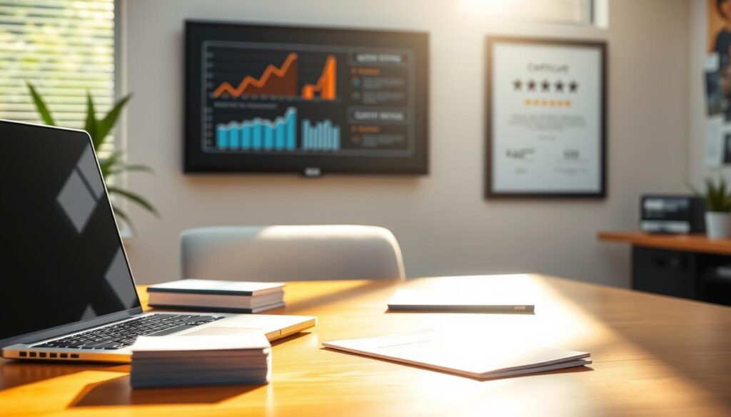 A sun-dappled office desk, meticulously organized with a laptop, a stack of business cards, and a framed certificate proudly displayed. In the background, a wall-mounted monitor showcases analytics graphs and positive customer reviews. The scene radiates a sense of professionalism, competence, and tangible evidence of expertise. Crisp, high-resolution photography with a shallow depth of field, creating a soft, blurred backdrop that emphasizes the central elements. The lighting is warm and natural, casting gentle shadows that add depth and dimension to the composition.