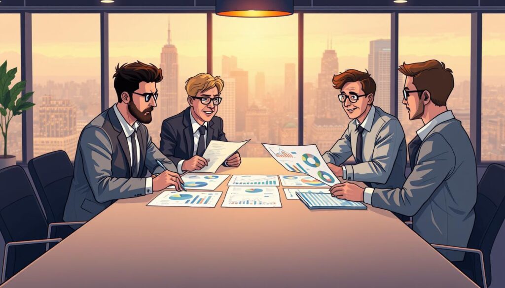 A team of professional value consultants evaluating financial reports and charts in a modern, well-lit office. The consultants are seated around a sleek conference table, intently studying the data and exchanging insights. Warm lighting illuminates the scene, creating a sense of focus and productivity. The background features a large window overlooking a bustling city skyline, suggesting the consultants' expertise and the importance of their work. The overall atmosphere conveys an image of specialized, high-value services delivered by skilled professionals.