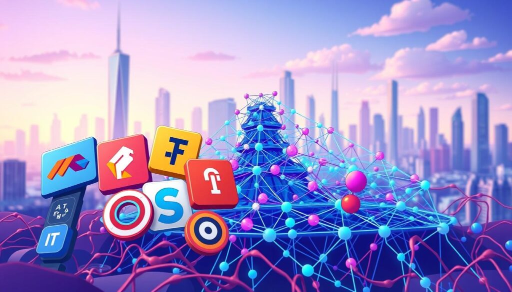 A vibrant and detailed illustration of AI and ML frameworks, captured with a wide-angle lens and soft, directional lighting. In the foreground, prominent icons and logos representing popular frameworks like TensorFlow, PyTorch, and Scikit-learn, arranged in a dynamic, interlocking composition. In the middle ground, a visualization of neural network architectures, with intricate layers and connections in shades of blue and purple. The background features a city skyline with futuristic skyscrapers, hinting at the real-world applications of these powerful tools. The overall scene conveys a sense of technological sophistication, innovation, and the seamless integration of AI and ML into modern computing. A vibrant and detailed illustration of AI and ML frameworks, captured with a wide-angle lens and soft, directional lighting. In the foreground, prominent icons and logos representing popular frameworks like TensorFlow, PyTorch, and Scikit-learn, arranged in a dynamic, interlocking composition. In the middle ground, a visualization of neural network architectures, with intricate layers and connections in shades of blue and purple. The background features a city skyline with futuristic skyscrapers, hinting at the real-world applications of these powerful tools. The overall scene conveys a sense of technological sophistication, innovation, and the seamless integration of AI and ML into modern computing.