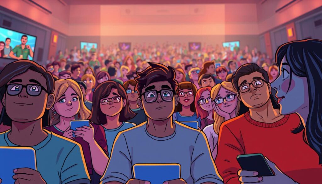 A vibrant, cinematic scene of a diverse audience engrossed in personalized streaming content. In the foreground, individual viewers immersed in their own customized feeds, eyes glued to their devices. In the middle ground, a tapestry of faces and expressions, each reflecting the unique preferences and interests being catered to. The background enveloped in a warm, inviting glow, suggesting the seamless integration of technology and human connection. Captured with a wide-angle lens to convey the scale and scope of this audience-centric experience, the lighting slightly soft and diffused to create a sense of intimacy and engagement. An atmosphere of anticipation and delight, as the audience's preferences shape the very content they consume.