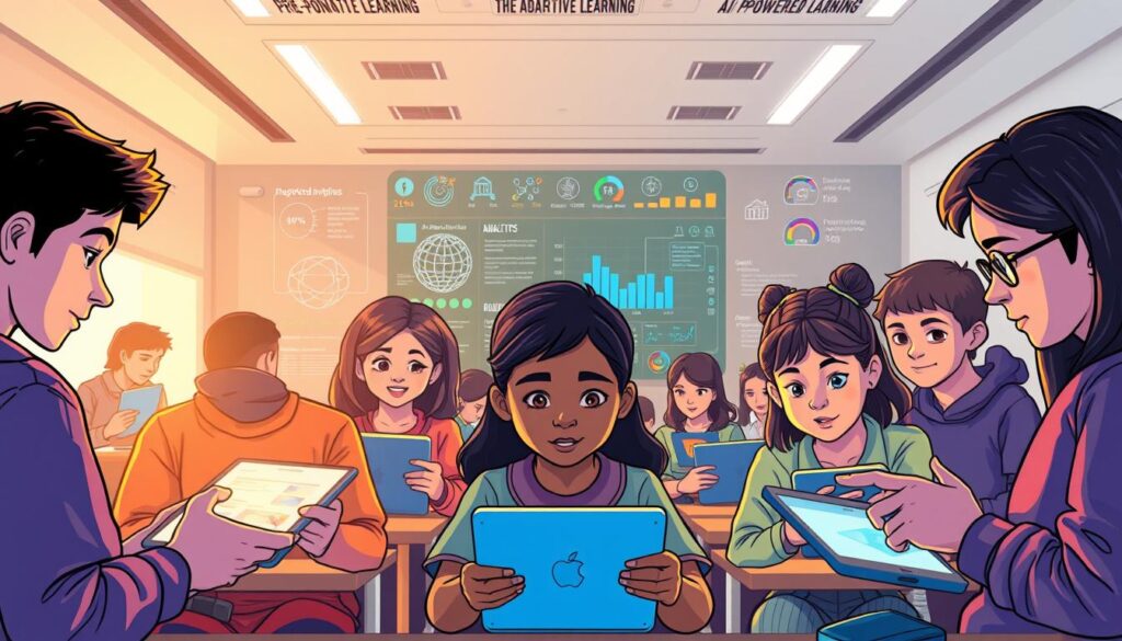 A vibrant, digitally-rendered scene depicting the concept of adaptive learning. In the foreground, a diverse group of students engage with personalized learning interfaces on their devices, their expressions focused and engaged. The middle ground features an array of dynamic data visualizations and AI-powered analytics, illustrating the real-time insights that power the adaptive learning experience. In the background, a softly-lit classroom setting with clean, modern architecture creates a sense of a progressive, technology-enhanced educational environment. The lighting is warm and inviting, casting a glow on the scene and emphasizing the seamless integration of technology and learning. Overall, the image conveys a sense of innovation, personalization, and the transformative potential of AI-driven adaptive learning.