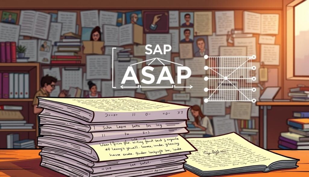 A vibrant illustration showcasing the ASAP dataset, a comprehensive resource for automated essay scoring research. In the foreground, a stack of handwritten essays with marked-up sections and annotations, representing the dataset's wealth of annotated samples. In the middle ground, a model architecture diagram with neural network layers, conveying the technical aspects of essay grading systems. The background features a collage of diverse student writing samples, textbooks, and academic settings, creating an immersive educational atmosphere. Warm lighting and a crisp, technical aesthetic reflect the rigorous, data-driven nature of this important benchmark for advancing AI-powered essay assessment. A vibrant illustration showcasing the ASAP dataset, a comprehensive resource for automated essay scoring research. In the foreground, a stack of handwritten essays with marked-up sections and annotations, representing the dataset's wealth of annotated samples. In the middle ground, a model architecture diagram with neural network layers, conveying the technical aspects of essay grading systems. The background features a collage of diverse student writing samples, textbooks, and academic settings, creating an immersive educational atmosphere. Warm lighting and a crisp, technical aesthetic reflect the rigorous, data-driven nature of this important benchmark for advancing AI-powered essay assessment.