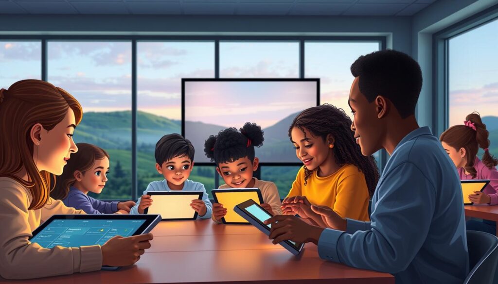 A vibrant, photorealistic image of personalized learning experiences, showcasing a modern, technologically-advanced classroom. In the foreground, a group of students of diverse backgrounds collaborating on interactive digital tablets, their faces lit by the warm glow of the screens. In the middle ground, an intelligent tutor using a large, touch-enabled display to customize the learning content and pace for each student's needs. The background features large windows overlooking a scenic, nature-inspired landscape, creating a serene and inspiring atmosphere conducive to engaged learning. The lighting is soft and natural, accentuating the collaborative and personalized nature of the scene. The overall composition conveys a sense of innovation, progress, and the seamless integration of technology to empower individual student success.
