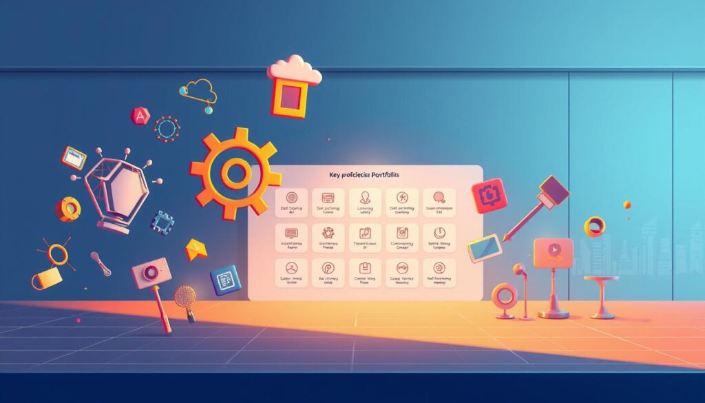 A vibrant, visually stunning portfolio of technical skills and tools, set against a sleek, modern backdrop. In the foreground, various icons and symbols representing AI, data science, cloud computing, and software engineering float gracefully, illuminated by warm, directional lighting that casts dramatic shadows. The middle ground features a clean, minimalist display of key proficiencies, neatly organized and presented with a sense of cohesion and purpose. In the background, a subtle, high-tech grid pattern or futuristic cityscape provides a sophisticated, futuristic context, conveying the professional, cutting-edge nature of the skills on display. The overall atmosphere is one of expertise, innovation, and a commitment to continuous learning and growth. A vibrant, visually stunning portfolio of technical skills and tools, set against a sleek, modern backdrop. In the foreground, various icons and symbols representing AI, data science, cloud computing, and software engineering float gracefully, illuminated by warm, directional lighting that casts dramatic shadows. The middle ground features a clean, minimalist display of key proficiencies, neatly organized and presented with a sense of cohesion and purpose. In the background, a subtle, high-tech grid pattern or futuristic cityscape provides a sophisticated, futuristic context, conveying the professional, cutting-edge nature of the skills on display. The overall atmosphere is one of expertise, innovation, and a commitment to continuous learning and growth.