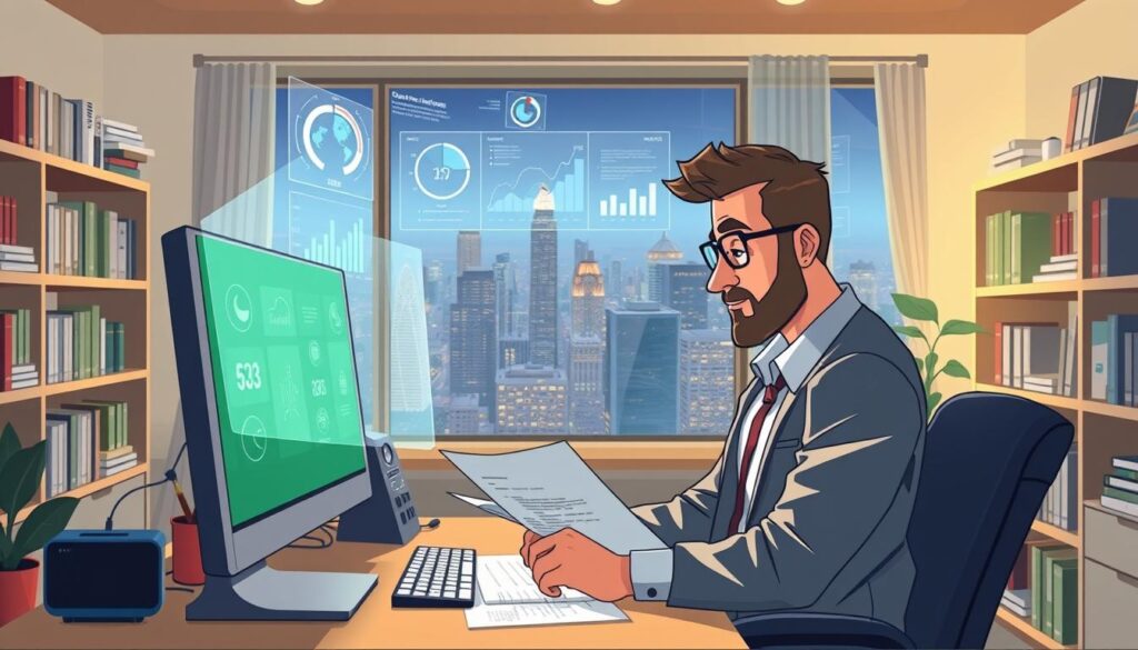 A well-lit home office, a desktop computer and a meticulously organized workspace. In the foreground, a business consultant reviews financial reports, their face illuminated by the soft glow of the screen. Surrounding them, shelves lined with industry journals and analytical tools convey their expertise. In the middle ground, a holographic display projects key insights and data visualizations, guiding the consultant's strategic decision-making. The background is a panoramic window overlooking a bustling city skyline, symbolizing the consultant's ability to translate complex information into actionable business strategies for their clients.