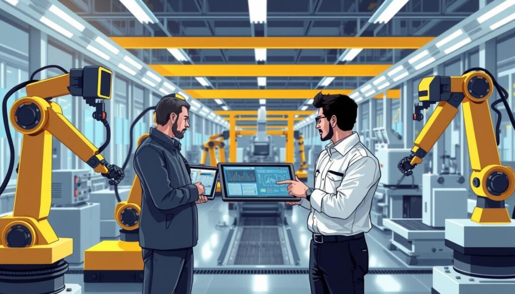 A well-lit modern factory floor, with robotic arms and automation equipment in the foreground. In the middle ground, engineers review data and schematics on sleek touchscreen interfaces. The background features a panoramic view of the production line, with smoothly operating machinery and a sense of efficient, data-driven optimization. The scene conveys a sophisticated, high-tech approach to industrial automation, showcasing the benefits of robotic process optimization in a clean, visually striking manner.